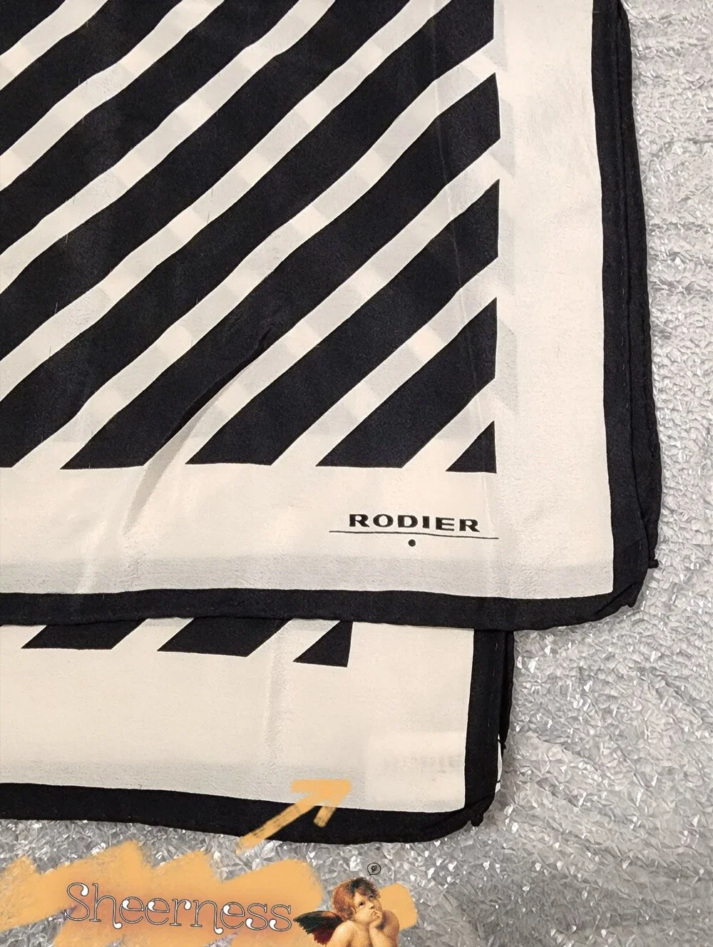 RODIER Vintage Black and Cream Striped Silk Scarf Large Square 32